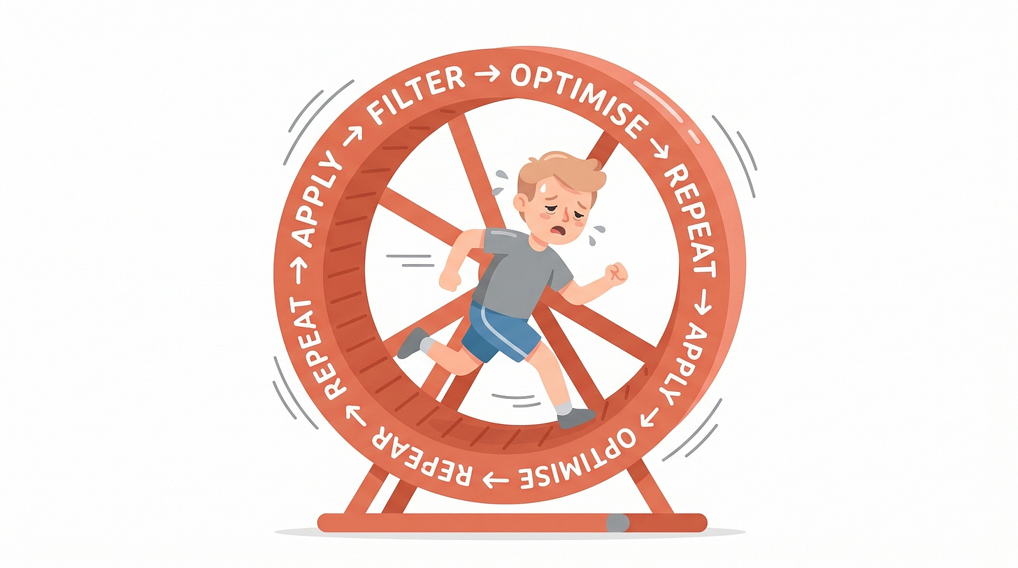 A hamster wheel labelled Apply, Filter, Optimise, Repeat — the exhausted job seeker's reality
