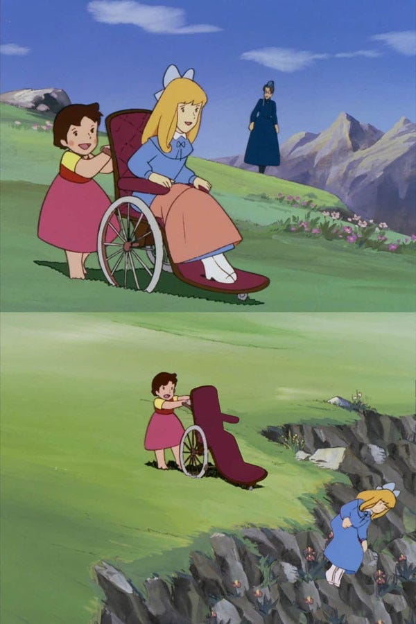 Girl in wheelchair thrown off the cliff meme - Keep Meme