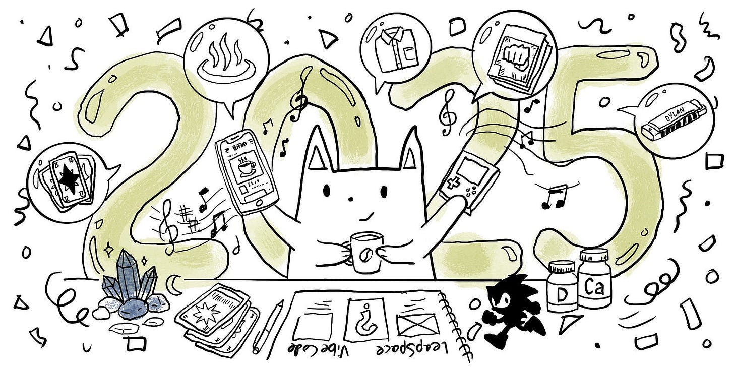 Cat holding various objects from phones to tarot cards infront of 2025 text