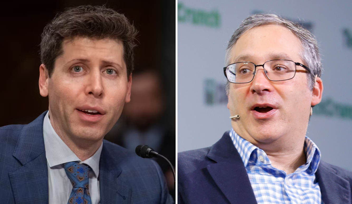 Sam Altman and Gary Marcus, composite image, shows two middle-aged men in business attire speaking into microphones at formal events.