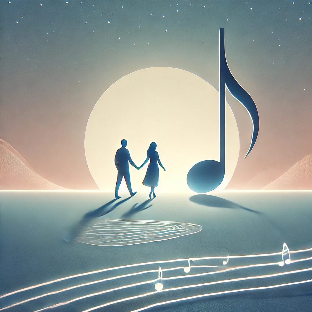 A minimalist and elegant illustration of a person walking hand-in-hand with a glowing musical note. The setting is serene, featuring a twilight background with soft pastel tones, and the ground is adorned with subtle music staff lines. The atmosphere is peaceful and emotionally evocative, symbolizing the intimate connection between humans and music. The style is clean and modern, focusing on simplicity and emotional depth.