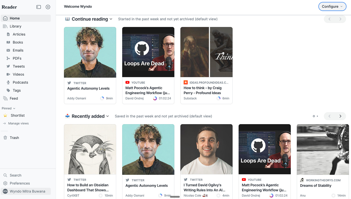 Readwise Reader dashboard showing articles, videos, podcasts, and tweets in continue reading and recently added