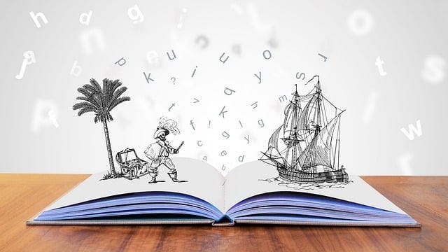 An open book on a table. An illustration of a ship, a pirate, a treasure chest, and a palm tree is drawn to look like it is a 3D scene on top of the book. Random letters float in the background.