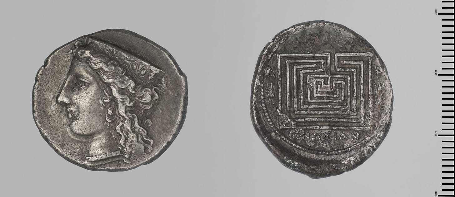 Greek stater (a type of coin) from Knossos, depicting Hera on the front and  a labyrinth on the back,300 - 270 BCE [2400 x 1043] : r/ArtefactPorn