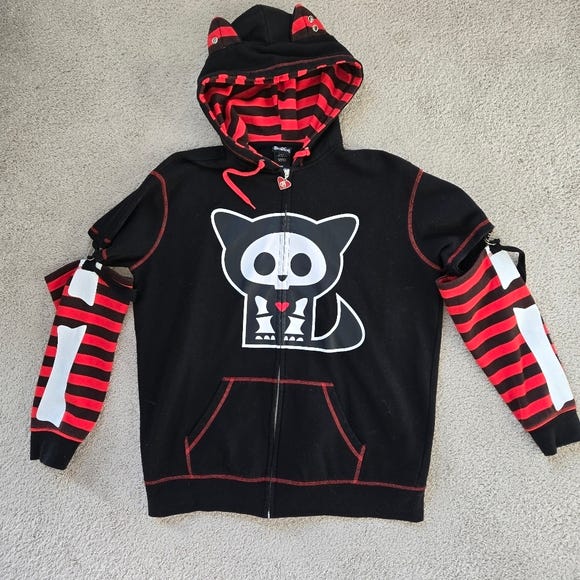 Skelanimala Kit The Cat  Black and Red Kids Hoodie with Cat Graphic - Picture 1 of 3
