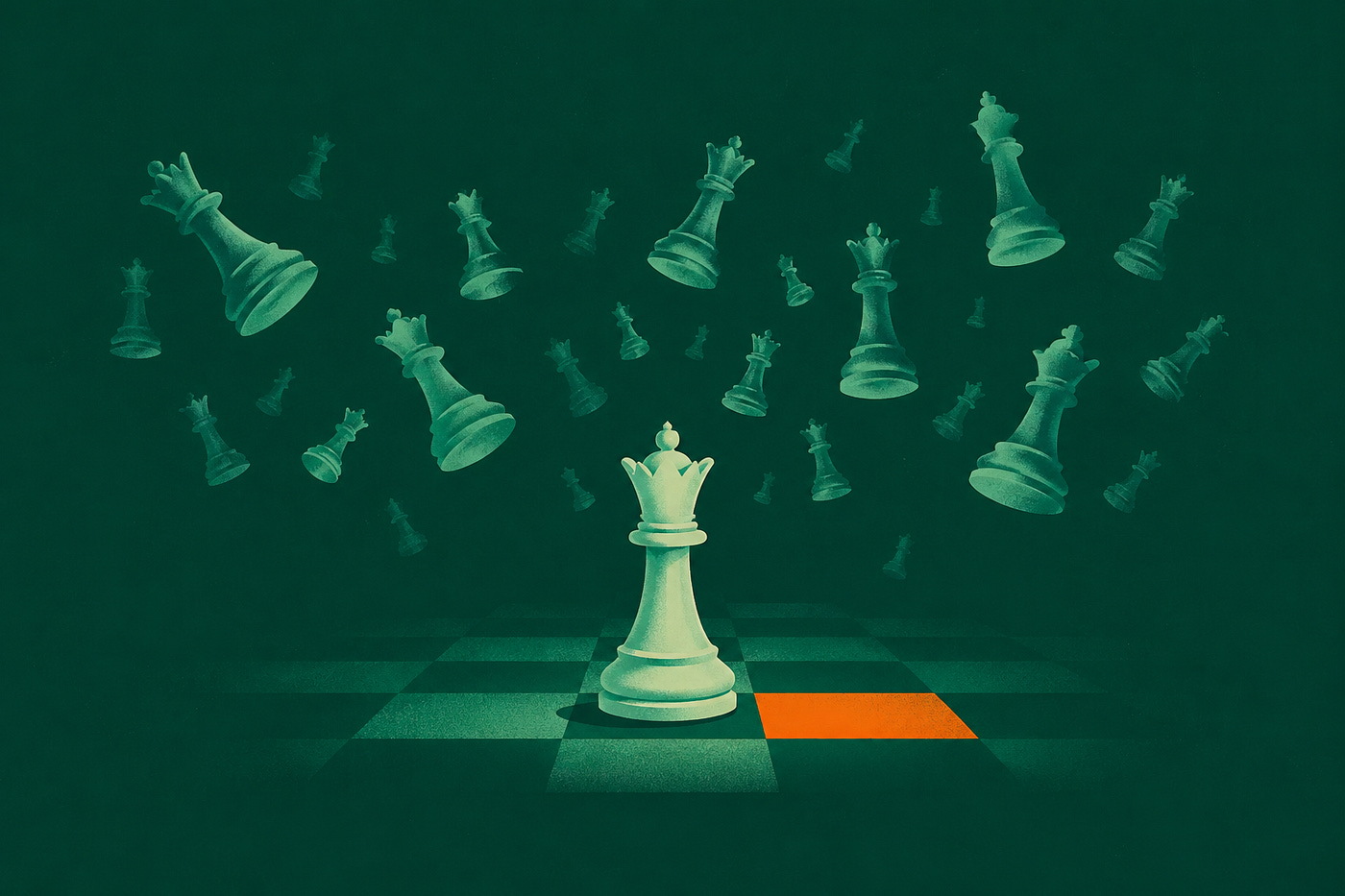 Illustration of a single white chess queen standing on a chessboard while multiple larger queens float overhead, with one orange square highlighting the next move.
