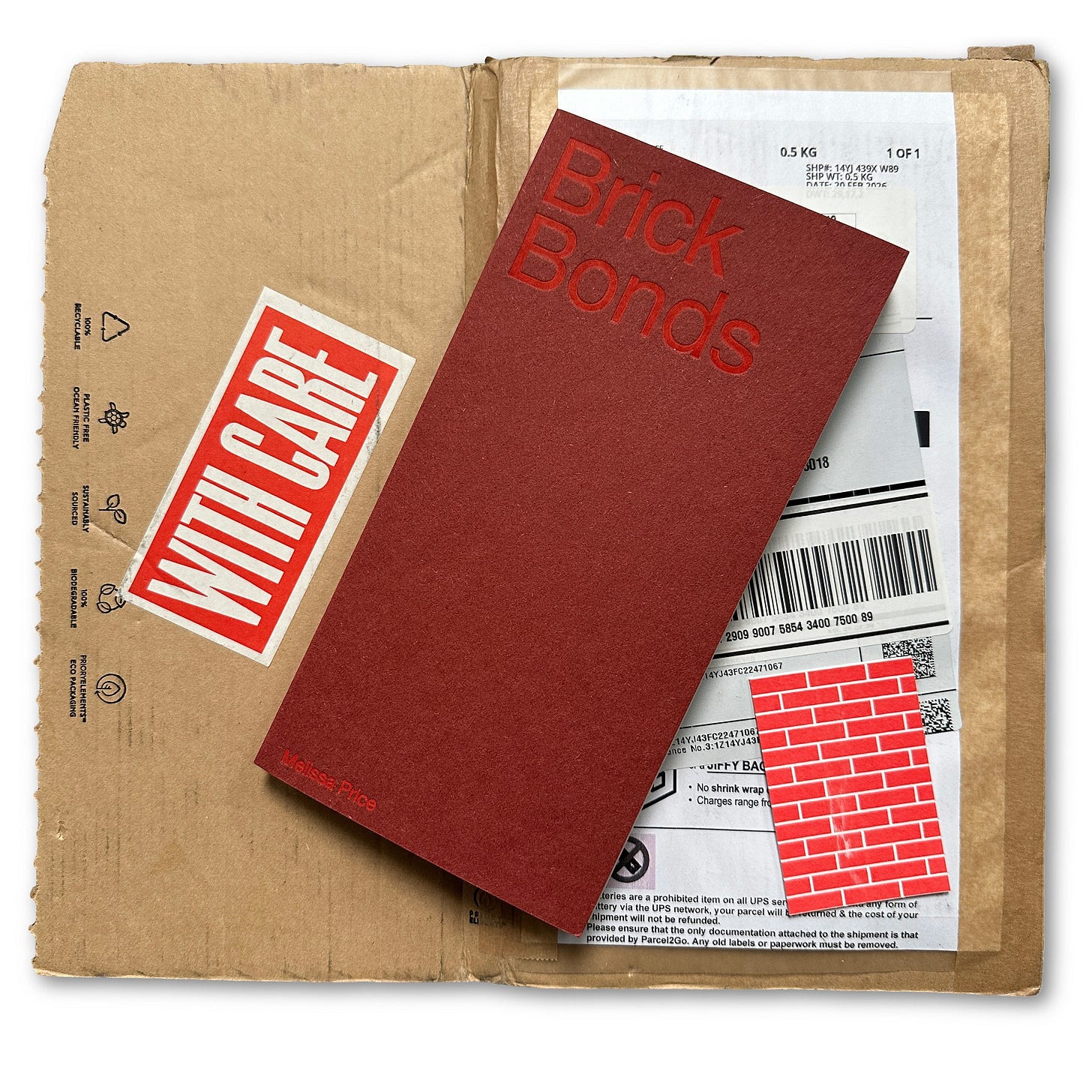 Red book titled “Brick Bonds” on torn cardboard packaging with mailing labels and bold red stickers.