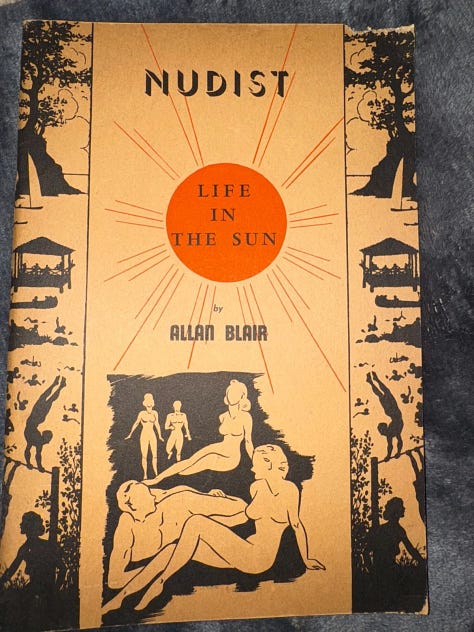 Nine photos of vintage nudist books displayed on a dark surface, including titles such as Social Nudism in America by Fred Ilfeld and Roger Lauer, On Going Naked by Jan Gay, Life in the Sun by Allan Blair, The Naked Truth About Nudism by William Welby, Naked in the Woods by Jim Motavalli, Defense of Nudism by Henry Huntington, Nudist Society by William Hartman, Facts About Nudism (1935), and Naked and Unashamed by William Welby.