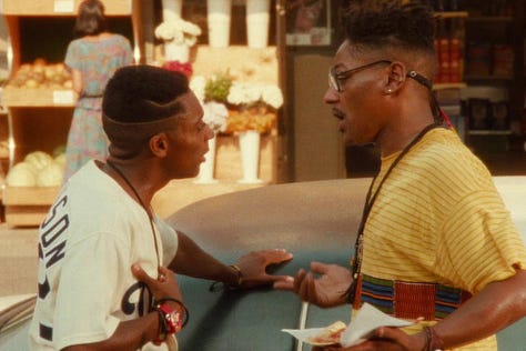 Spike Lee and Giancarlo Esposito at Sal's Pizzeria ordering and delivering pizza in Do The Right Thing (1989) | Film Flavor: A Newsletter Surveying Food in Film