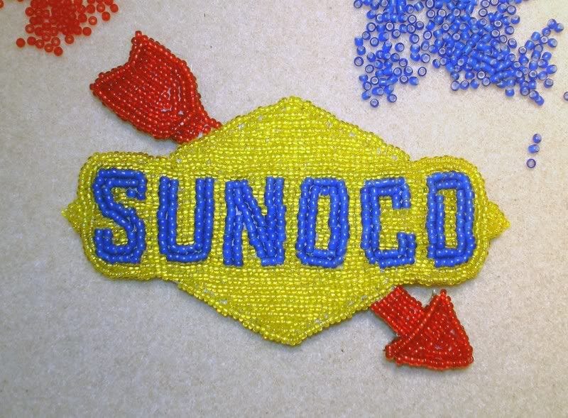 Sunoco station citgo beaded boston trolley pop art bead embroidery artist beadwork beading seed beads Sunoco station citgo beaded boston trolley pop art bead embroidery artist beadwork beading seed beads