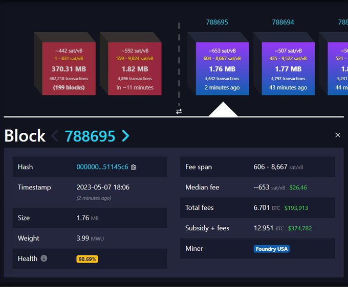 Screenshot of block where transaction fees were greater than Bitcoin block subsidy