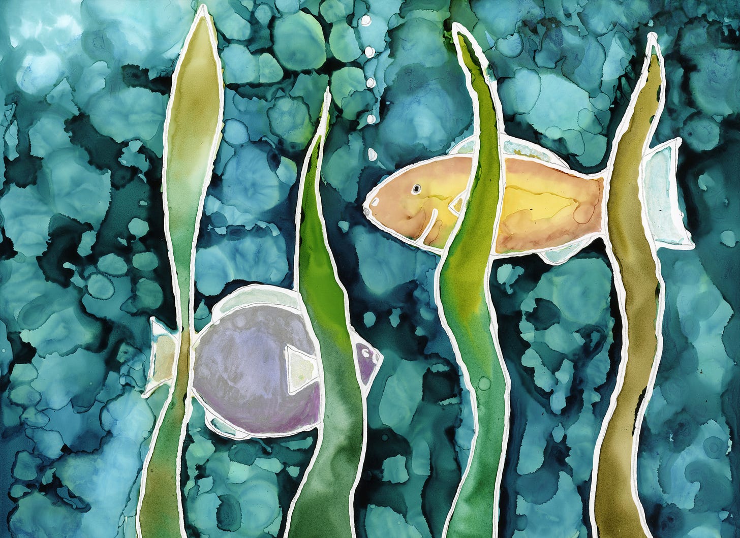 Artwork with two colorful fish, bubbles, and seaweed