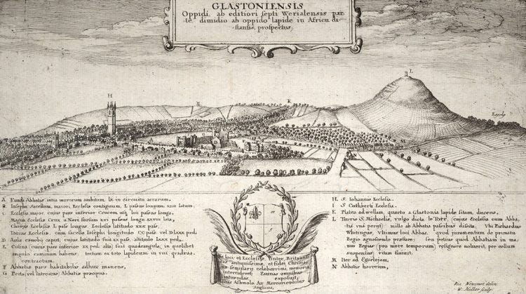 Wenceslas Hollar's engraving of the precinct at Glastonbury Abbey in the mid-17th century (Public domain)