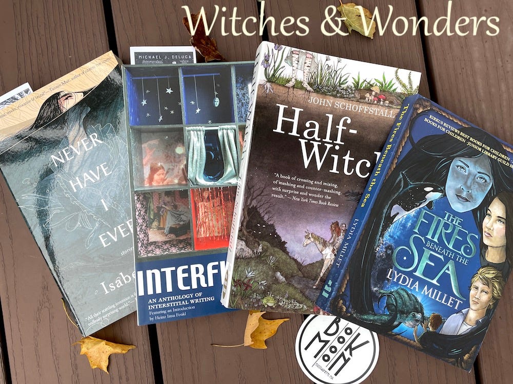 Photo features four books: Never Have I Ever, Interfictions, Half-Witch, and Fires Beneath the Sea