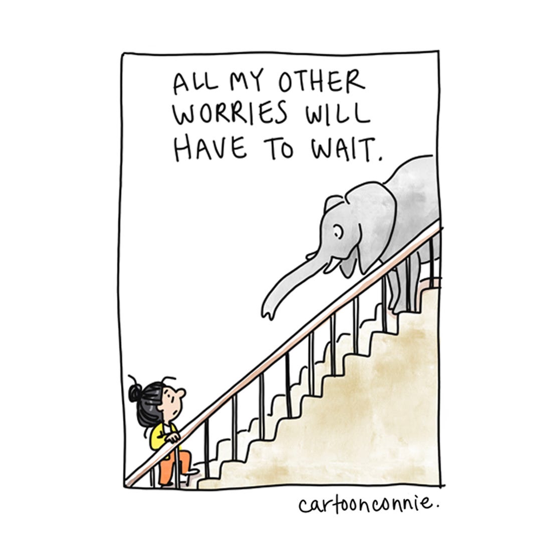 Panel 4 of a 4-panel comic strip illustrating a metaphor of climbing one staircase at a time and managing one's worries, one at a time. Titled "One Worry At A Time," by Connie Sun, cartoonconnie, 2025.