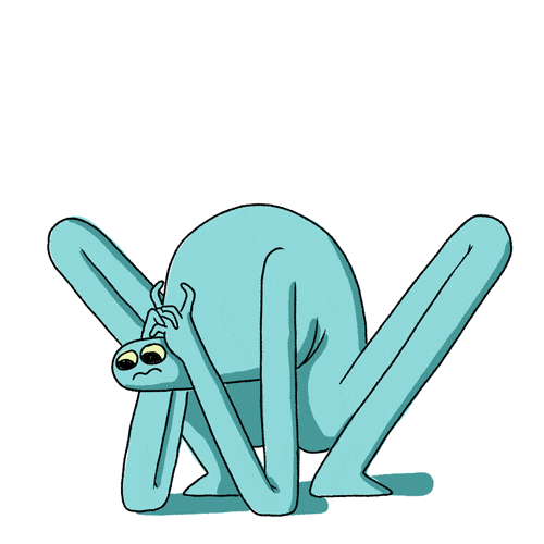 This may contain: a blue cartoon character sitting on the ground