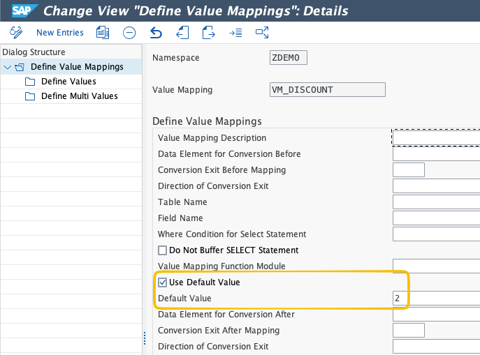 Detail screen of value mapping VM_DISCOUNT in SAP AIF Customizing, with the Default Value field filled in with 2.