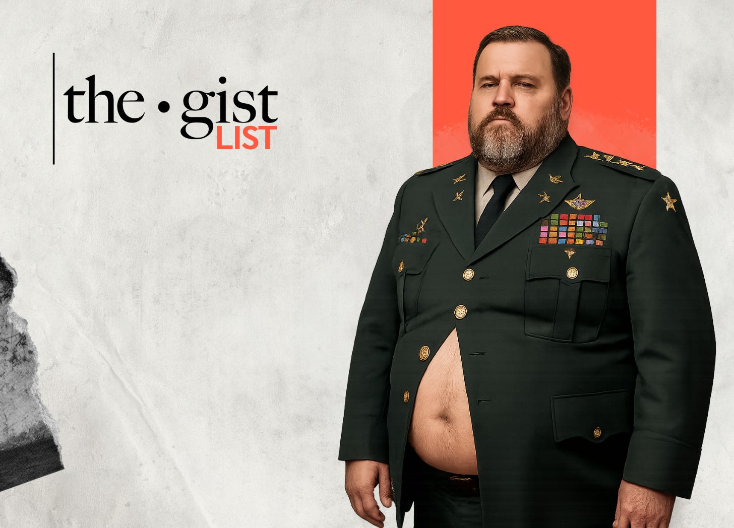 A photo-realistic image of an overweight, bearded U.S. five-star general in full dress uniform, used to illustrate Pete Hegseth’s call for stricter military fitness standards in his rebrand of the Pentagon as the “Department of War.”