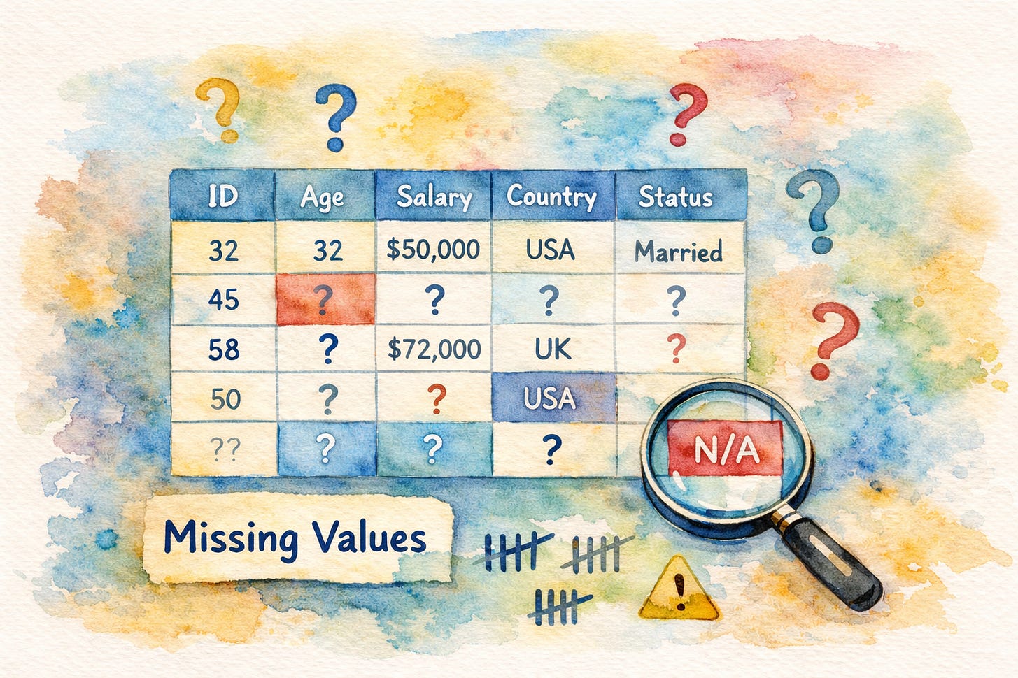 Watercolor-style illustration of a dataset table highlighting missing values.