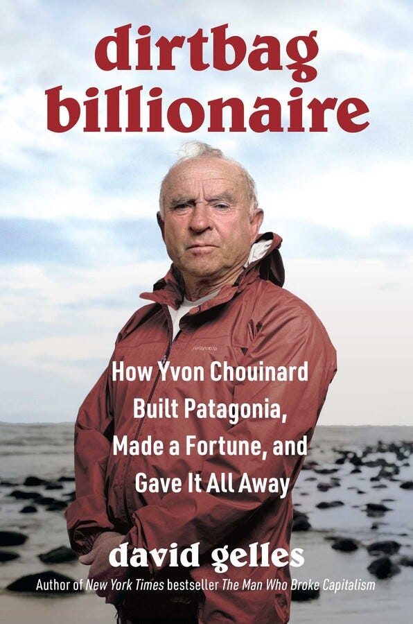 Dirtbag Billionaire cover image, with Patagonia CEO Yvon Chouinard pictured standing on a beach, wearing a red rain jacket from his company.
