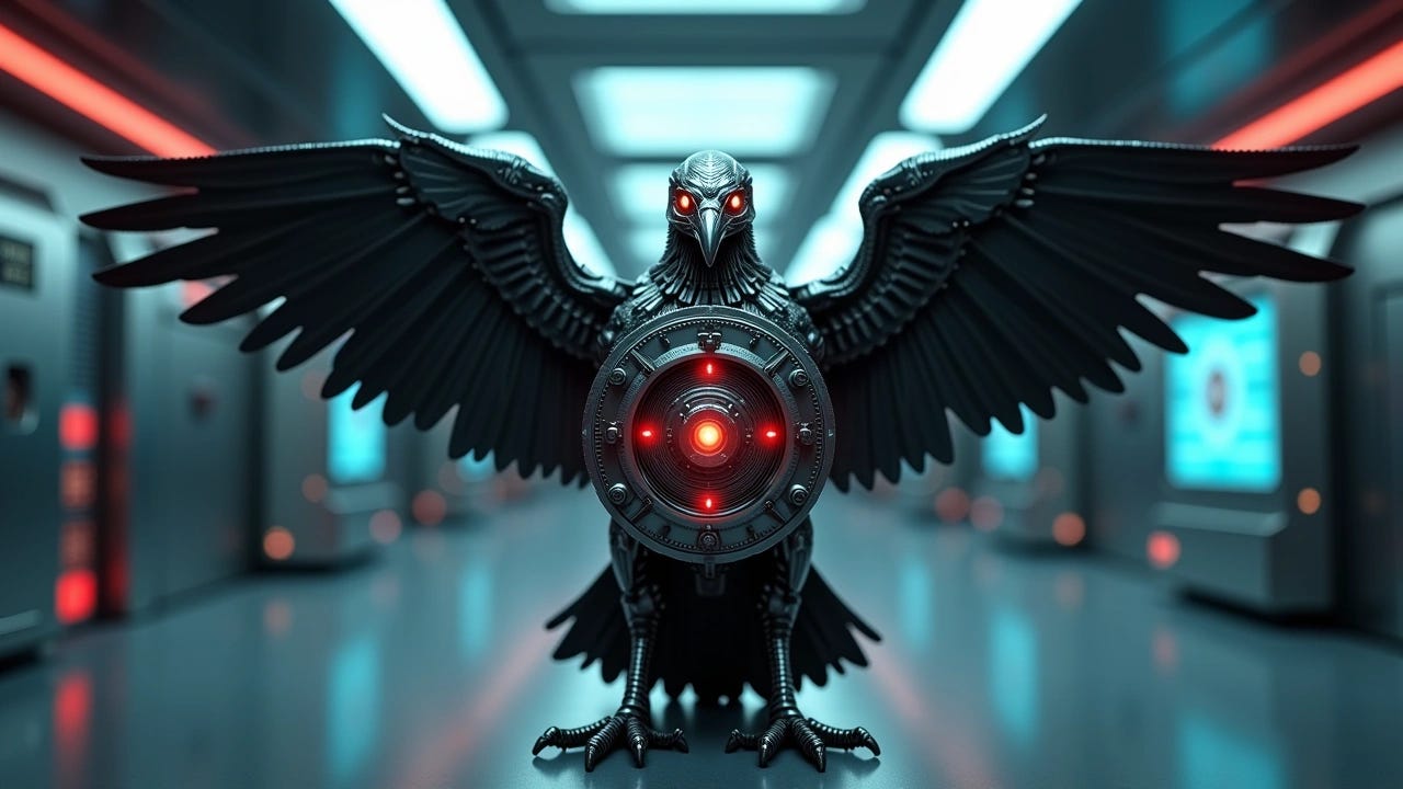 Mechanical raven with the body of a locked vault, standing guard with its wings spread wide. Mechanical raven with the body of a locked vault, standing guard with its wings spread wide.
