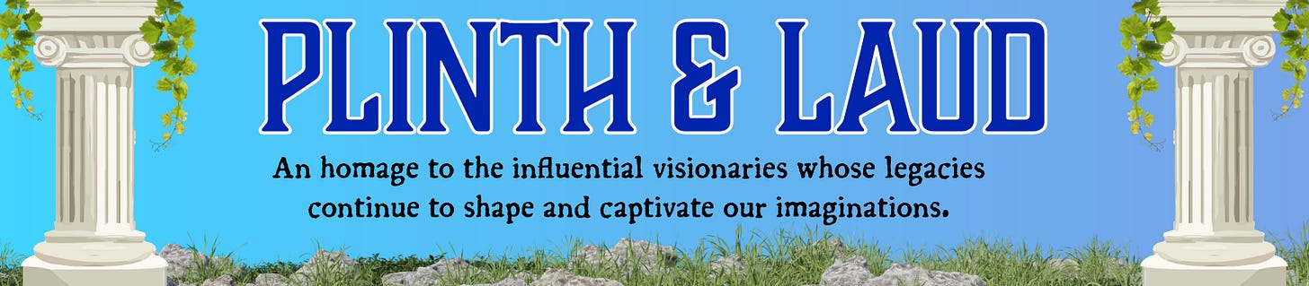 Plinth & Laud section banner for the Liminal almanac: classical columns with climbing vines on blue sky background, rocky base with grass; homage to influential visionaries whose legacies shape and captivate our imaginations
