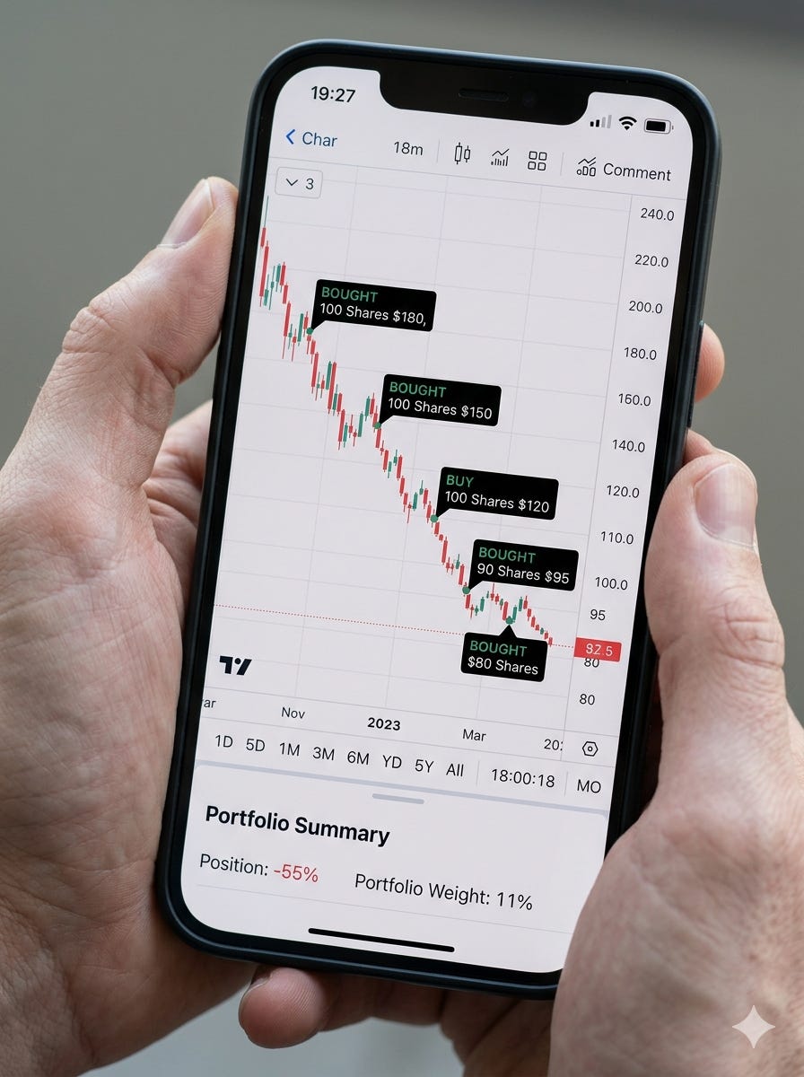 Hands gripping phone showing stock chart with five "BOUGHT" markers at descending prices over 18 months. Position down 55%, represents 11% of portfolio. Hands tense, knuckles white. The averaging-down ratchet—each purchase rational, accumulation catastrophic. Hands gripping phone showing stock chart with five "BOUGHT" markers at descending prices over 18 months. Position down 55%, represents 11% of portfolio. Hands tense, knuckles white. The averaging-down ratchet—each purchase rational, accumulation catastrophic.
