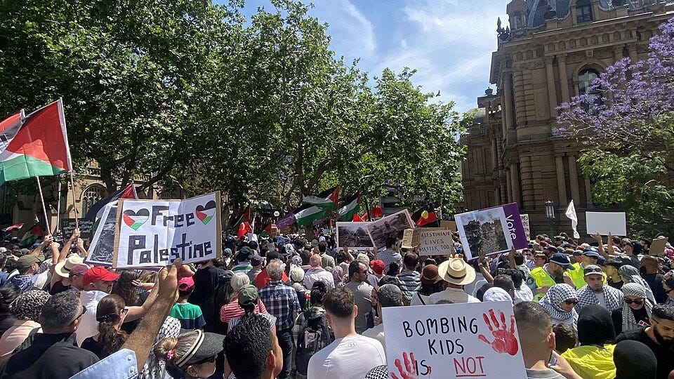 A large and diverse crowd at a pro-Palestine rally outside Sydney Town Hall in October 2023. Participants hold signs reading "Free Palestine" and "Bombing Kids is Not Self-Defence", with Palestinian and Aboriginal flags visible. The sandstone façade of Sydney Town Hall and flowering jacaranda trees are in the background.