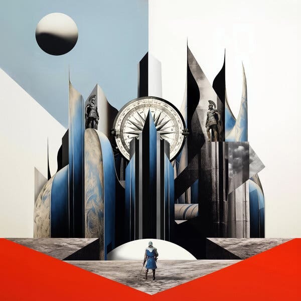 An illustration of a knight facing a collaged city.