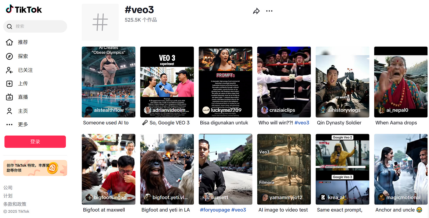 TikTok #Veo3 Hashtag下超过50万条的各类创意视频均通过谷歌Veo 3工具制作发布
