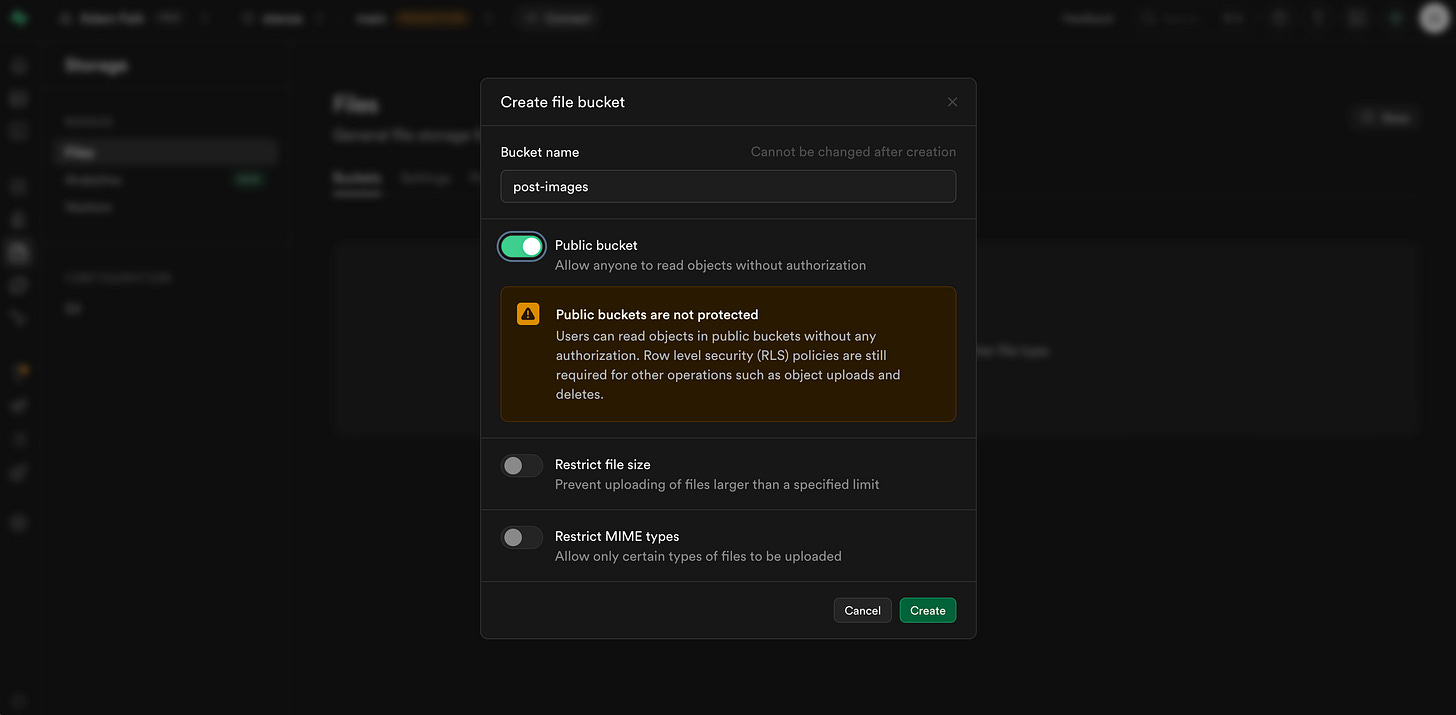 A setup modal shows a new bucket named post-images with the public setting turned on. A setup modal shows a new bucket named post-images with the public setting turned on.