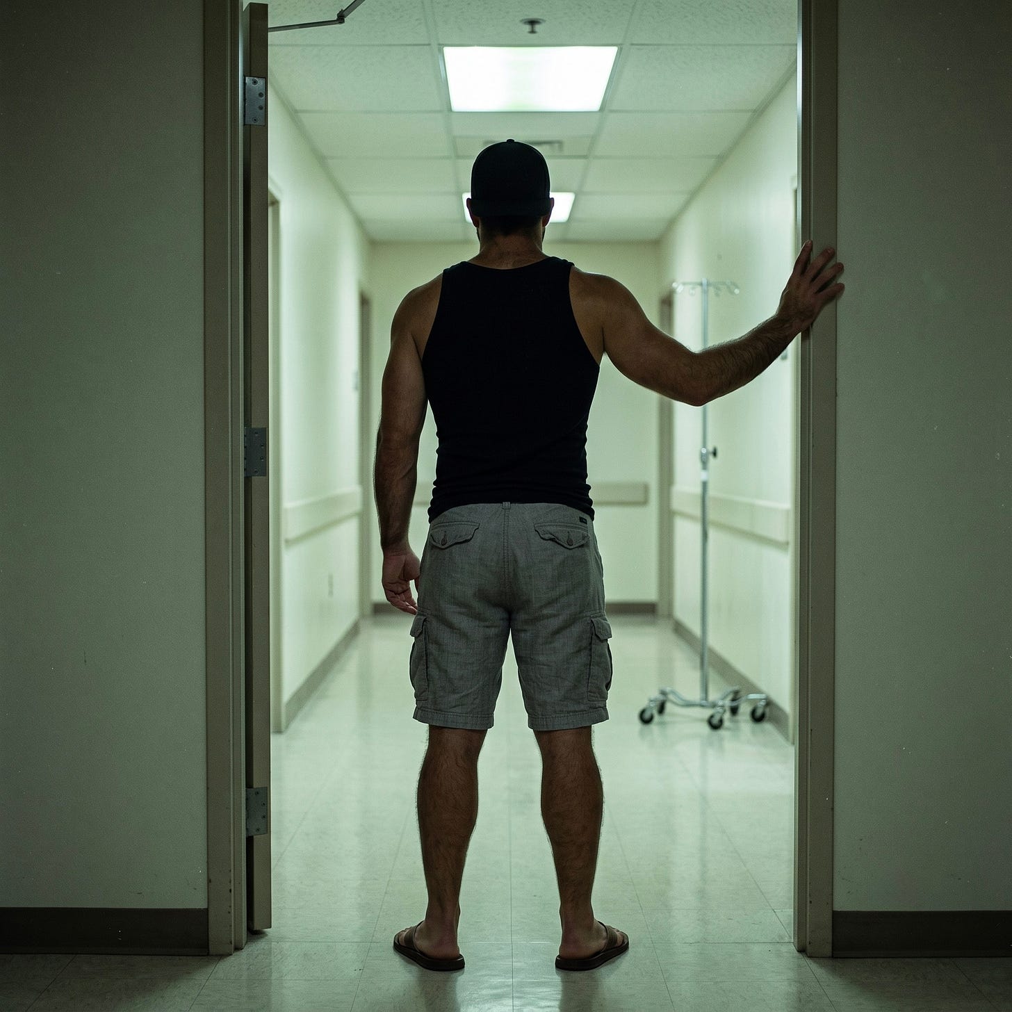 The muscular back of Mitch wearing a backwards black cap, pushing open a dim hospital hallway door with an IV pole visible in the background. The muscular back of Mitch wearing a backwards black cap, pushing open a dim hospital hallway door with an IV pole visible in the background.