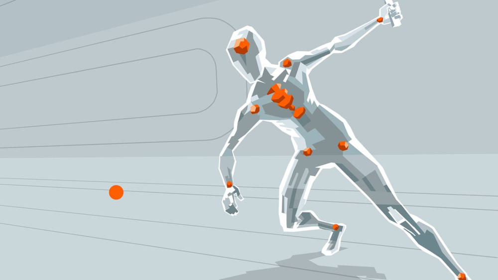 A player character in C-Smash VRS swinging their racket towards a ball