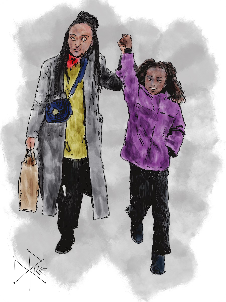 Mother and daughter walk hand-in-hand while shopping. Sketch art by Don Rice.