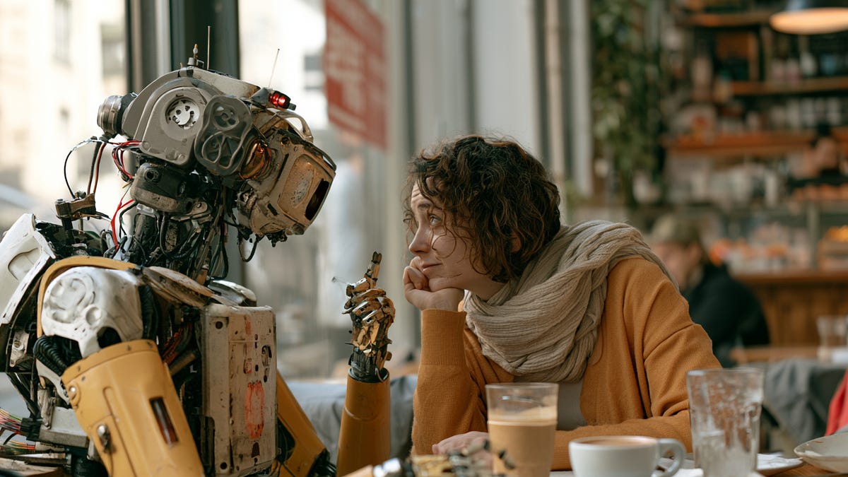 Ilustración de un robot conversando con una persona en una cafetería, publicada por IA Para Todos junto al artículo original