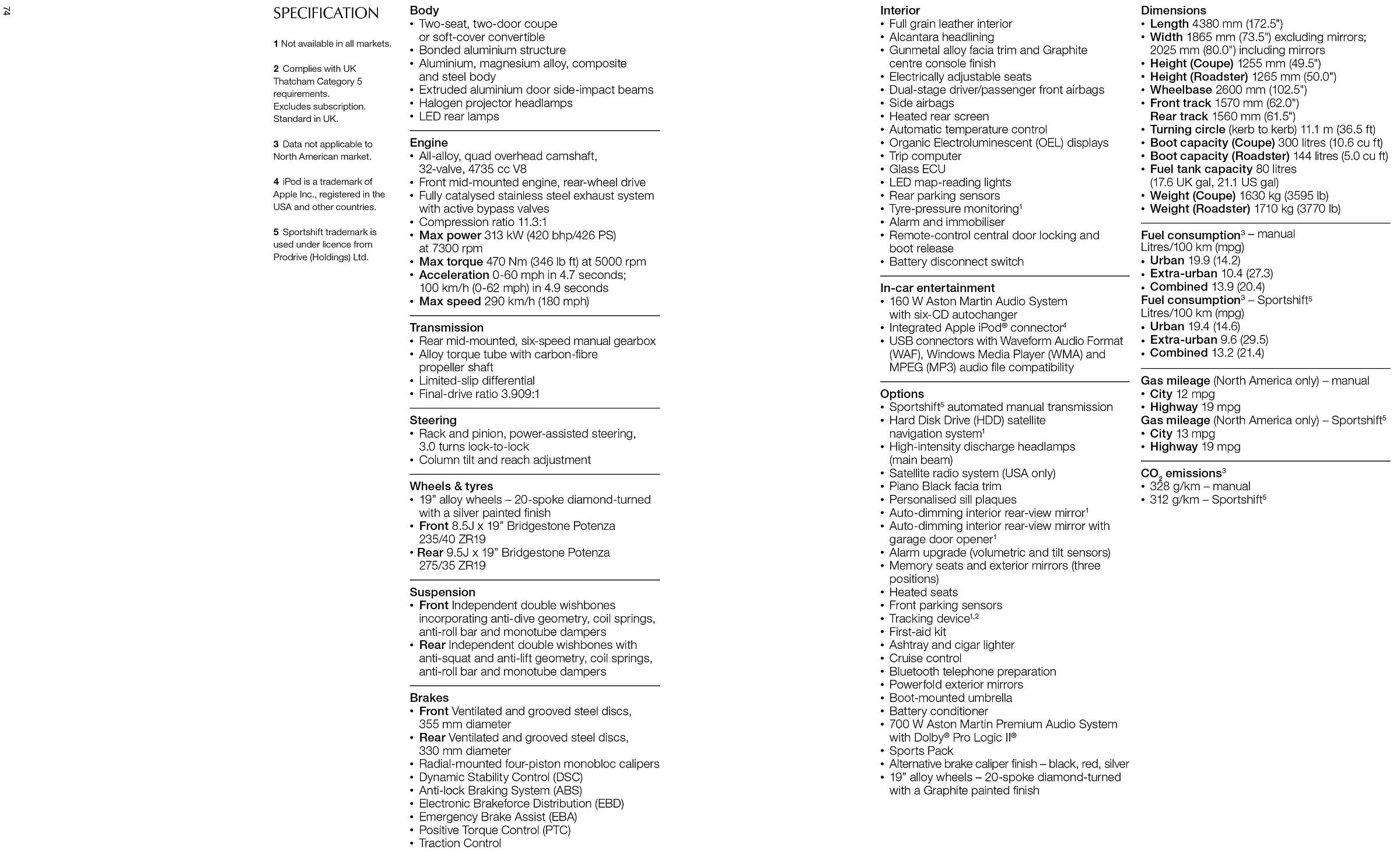 Aston Martin V8 Vantage 2008 brochure technical specification