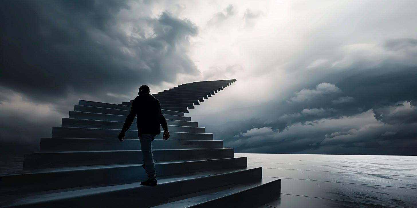 An AI-generated image of a person climbing a staircase that leads into the sky.