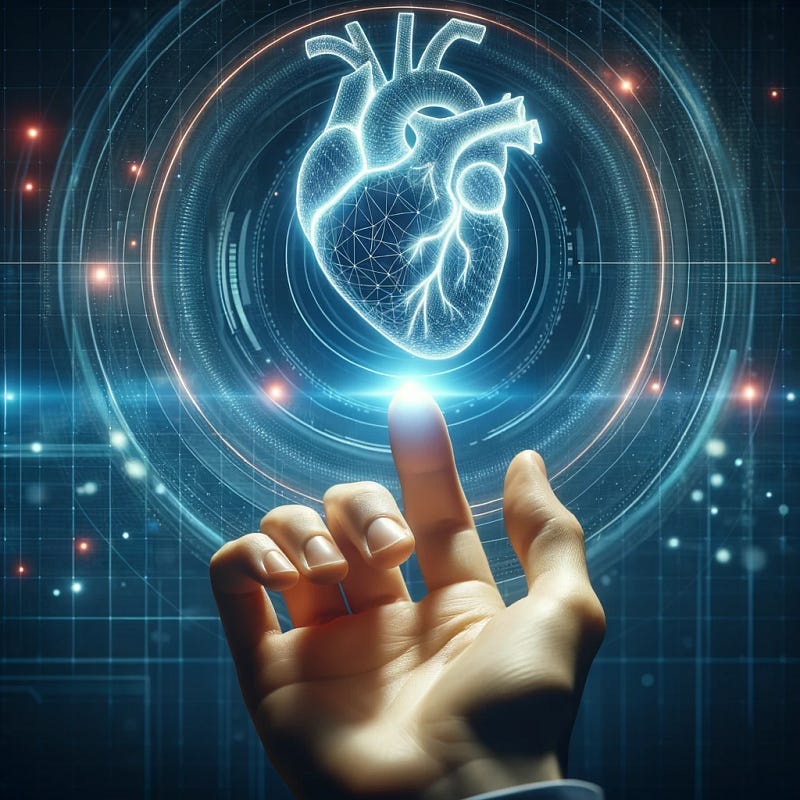 human hadn reaching into picture of digital heart.