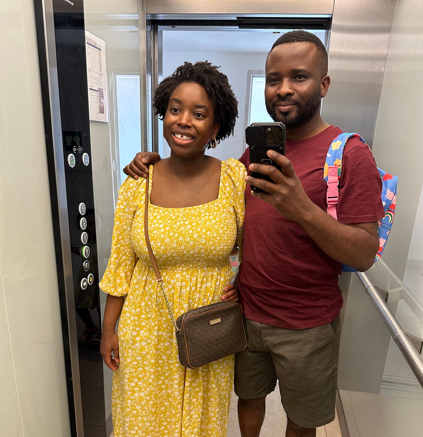 A photo of my husband and I in a lift