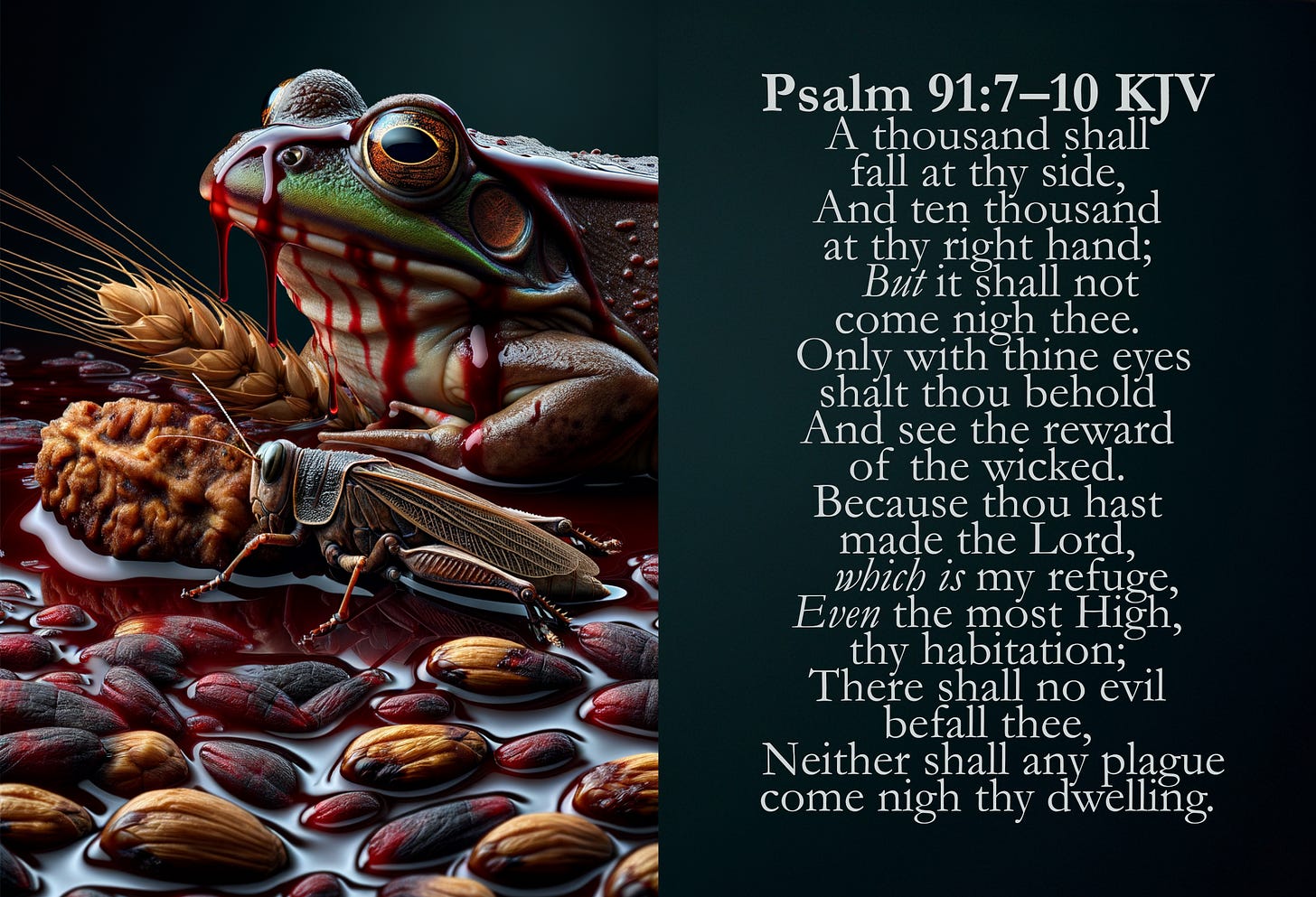 This image depicts a close-up of a frog with exaggerated, glossy, and almost reflective eyes. The frog appears to be sitting in a pool of a blood-like substance that also covers parts of its face, giving it a somewhat macabre appearance. Around the frog, there are elements such as a biscuit, grains of wheat, a large insect resembling a grasshopper, and seeds or nuts spread throughout the substance. To the right side of the image, there is a block of text featuring a passage from Psalm 91:7-10 from the King James Version of the Bible, discussing protection and the avoidance of harm. The text is set against a dark background, making it stand out prominently next to the vivid and detailed depiction of the frog and its surroundings. This is a reference to the sparing of the righteous from both the plagues of Egypt, as well as God's Wrath, during End Times Tribulation.