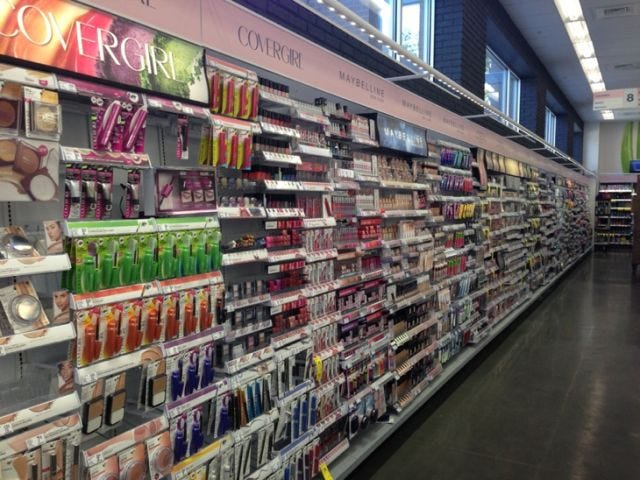 This is where mass market cosmetics are sold