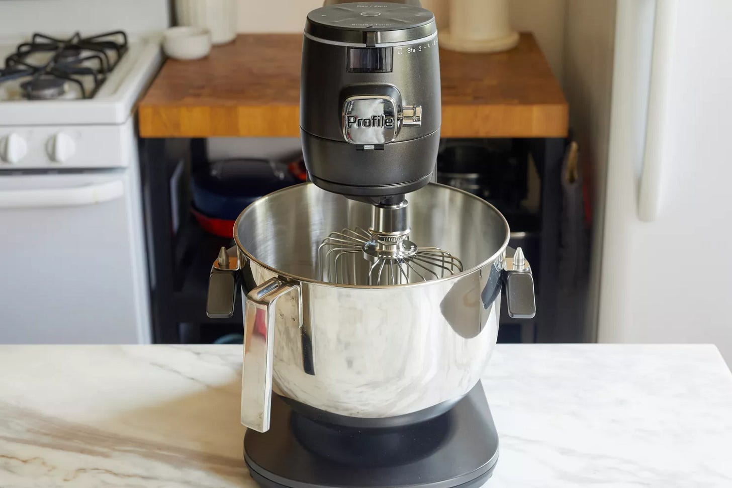 GE Profile Stand Mixer on marble countertop