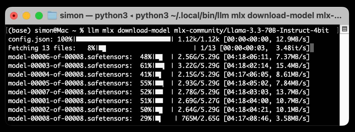 Screenshot of the download-model command running against the Llama 3.3 70B model, it shows fetching 13 files and displays progress bars for 8 different safetensors files each weighing between 2.6 and 3.3GB.