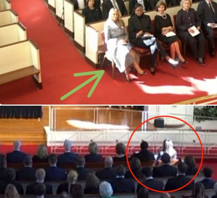 Screenshot of two Twitter images showing Melania Trump with sunlight falling on her at Rosalynn Carter's memorial service, with MS-Paint arrows and circles to call attention to her. Screenshot of two Twitter images showing Melania Trump with sunlight falling on her at Rosalynn Carter's memorial service, with MS-Paint arrows and circles to call attention to her.