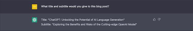 Screenshot of ChatGPT providing both the title and subtitle of this blog post, as requested by the author.
