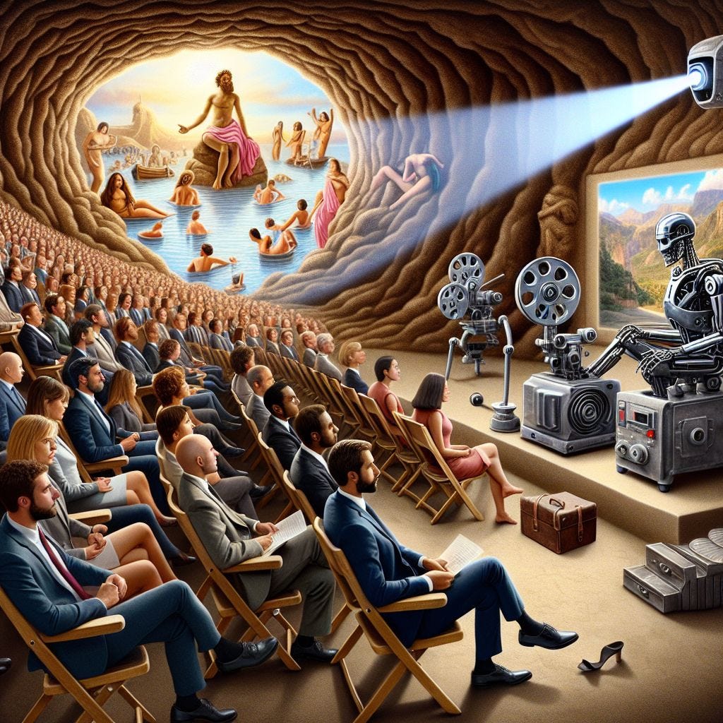 an image depicting plato's parable of the cave, with a projector being run by a skynet terminator with a bunch of white collar workers in folding chairs watching the projector screen. behind the terminator is an idyllic utopia where humans play without the burden of machines 