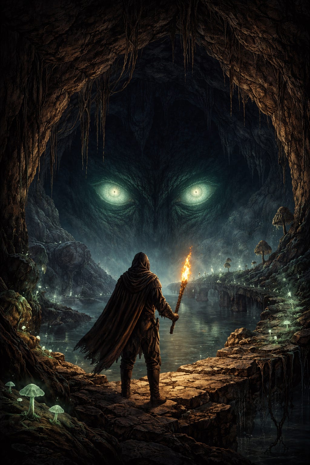 Alt text: A dark fantasy cover illustration of a hooded traveler standing on a rocky ledge inside a vast cavern, holding a flaming torch beside an underground lake. Across the water, enormous glowing eyes emerge from the cave wall, while bioluminescent mushrooms, stone bridges, and hanging stalactites add to the eerie, mysterious atmosphere. Alt text: A dark fantasy cover illustration of a hooded traveler standing on a rocky ledge inside a vast cavern, holding a flaming torch beside an underground lake. Across the water, enormous glowing eyes emerge from the cave wall, while bioluminescent mushrooms, stone bridges, and hanging stalactites add to the eerie, mysterious atmosphere.