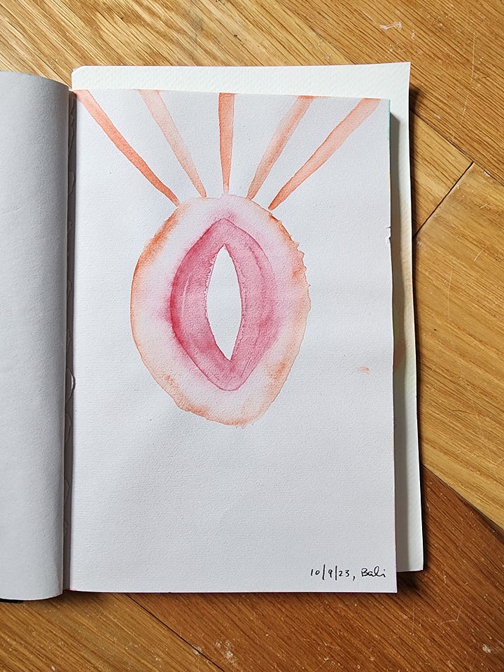 series of watercolor paintings in a sketchbook with flowers, roots, palm trees, and abstract artworks