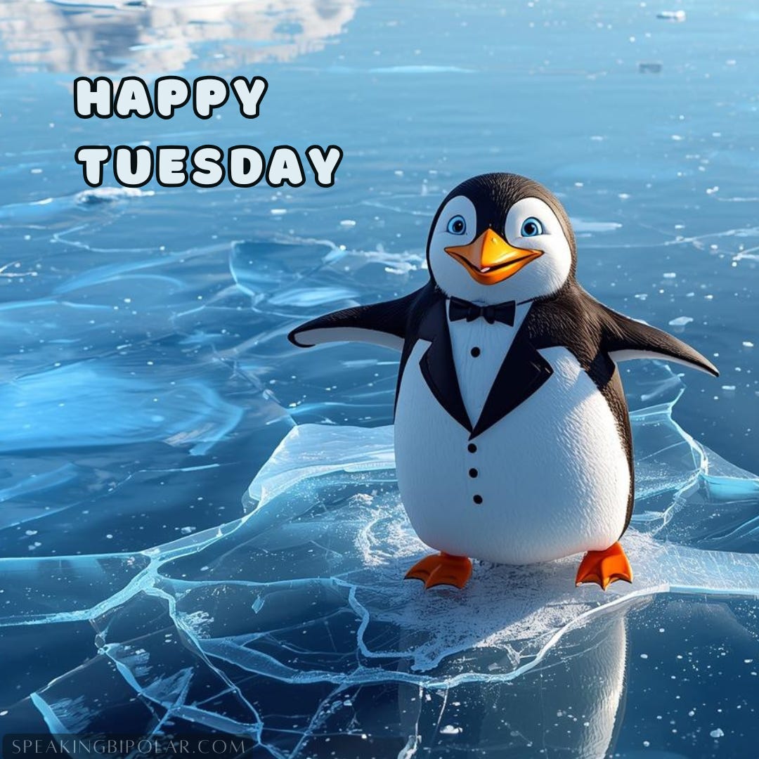 A happy cartoon penguin walking across a frozen lake with the ice beneath him starting to crack