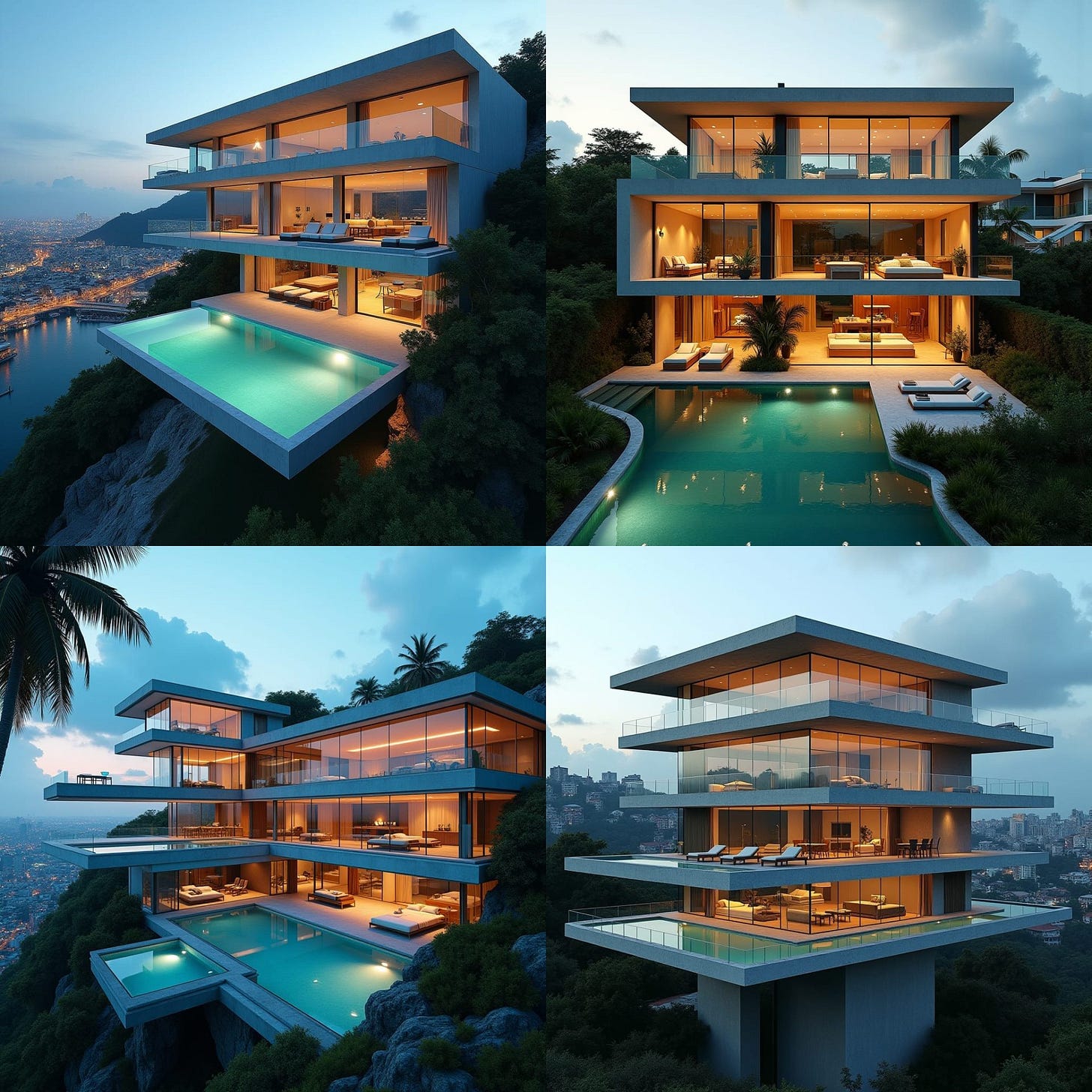 Ultra-modern, 4-story, 10-bedroom Jamaican mansion with sleek glass façade, expansive windows, and cantilevered concrete platforms, set amidst the bustling cityscape, featuring crystal-clear glass pools that appear to float in mid-air. 